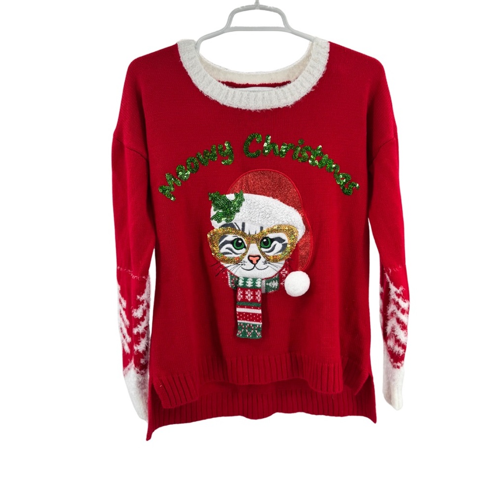Red Meowy Christmas Cat Sweater M Celebrate Together red sequins holiday 3D